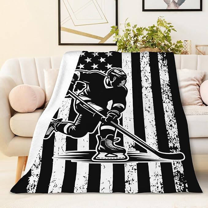 Hockey Gifts for Kids Boys - 50x40 Inches Small Soft Fuzzy Flannel Blankets Accessories Decor Sports Throws for Travel Camping
