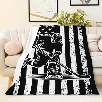 Hockey Gifts for Kids Boys - 50x40 Inches Small Soft Fuzzy Flannel Blankets Accessories Decor Sports Throws for Travel Camping