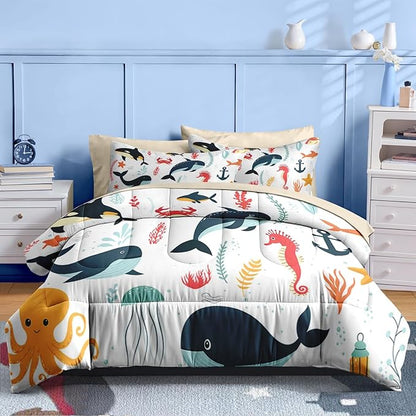 Nesker 7 Pcs Comforter Set Full Size, Whales Octopuses Seahorses Bedding for Kids Teen, Ocean Sea Animal with Fitted Sheet 2 Pillowcases & 2 Shams for Bedroom Bed Decor