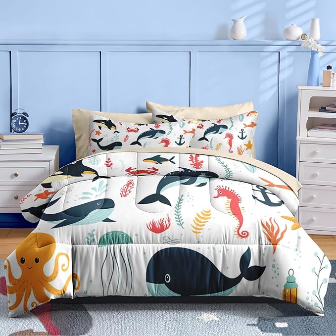 Nesker 5 Pcs Comforter Set Twin Size, Whales Octopuses Seahorses Bedding for Kids Teen, Ocean Sea Animals Bed Sheet with Pillowcase & Sham