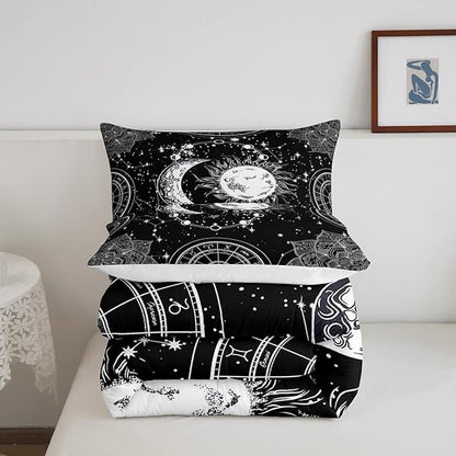 Sun and Moon Bedding Set Constellation Galaxy Comforter Set for Kids Boys Girls Teens Psychedelic Boho Mandala Comforter Breathable Celestial Duvet Set Black White Room Decor Quilt Cover Queen Size