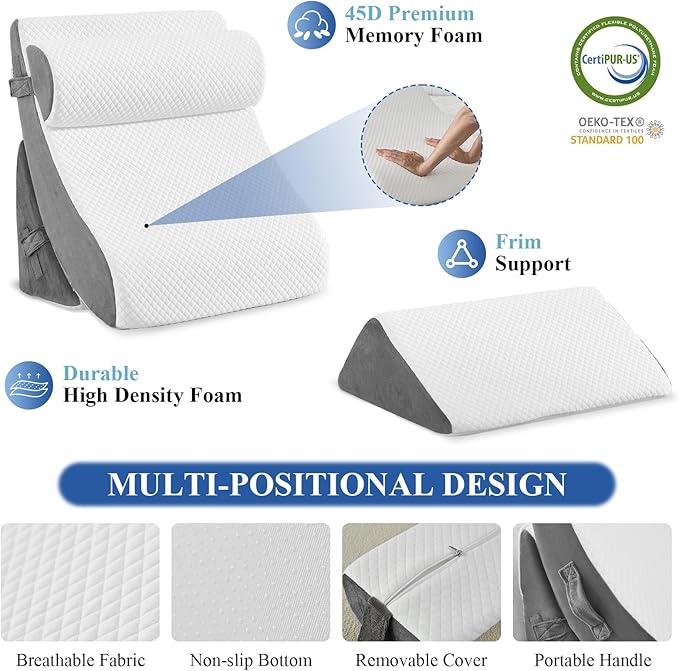 4PCS Orthopedic Bed Wedge Pillow Set, Post Surgery 45D Memory Foam for Back, Neck, and Leg Pain Relief Pleasing & Adjustable Support Pillows-Ease Acid Reflux & GRED with Better Sleep, White Dark Grey