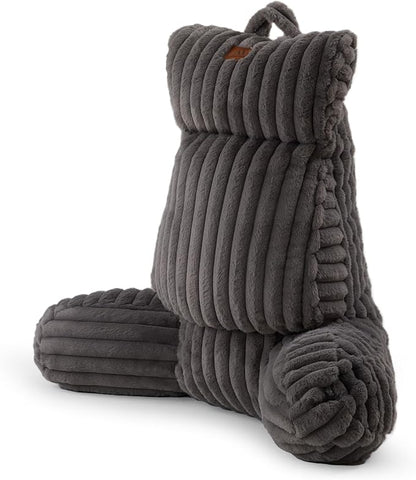 Amélie Home Faux Fur Reading Pillow with Pocket for Sitting in Bed, Adult Backrest Bed Pillow with Washable Cover for Lounging, Study & Relaxing, Grey 29 inches