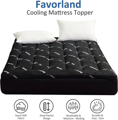 Favorland Mattress Topper Queen Size - Cooling Extra Thick Breathable Viscose Made from Bamboo Mattress pad - Soft Quilted Fitted Mattress Cover with 900 GSM Down Alternative Fill (8-21”Deep Pocket)