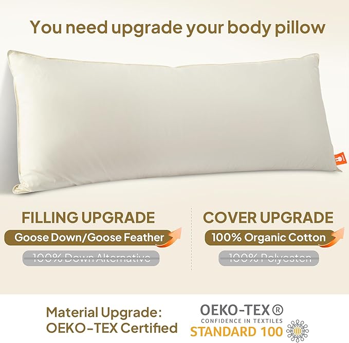 Goose Down Body Pillows for Adults, Large Body Pillow for Side Sleeper, Cooling Hugging Feather Body Pillow Insert, 20x54 Full Length Long Pillow for Bed with 100% Organic Cotton Shell, Off-White
