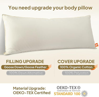 Goose Down Body Pillows for Adults, Large Body Pillow for Side Sleeper, Cooling Hugging Feather Body Pillow Insert, 20x54 Full Length Long Pillow for Bed with 100% Organic Cotton Shell, Off-White