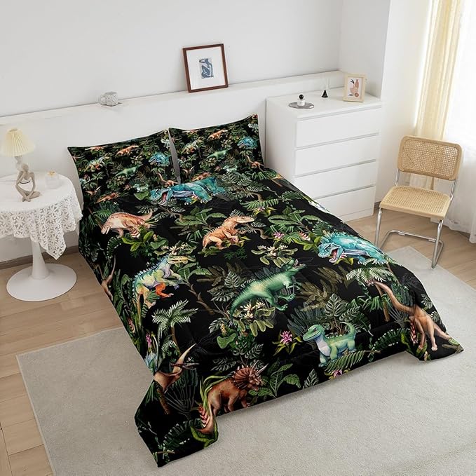 Watercolor Dinosaur Comforter Set King Size,Cartoon Dino Animal Oil Painting Style Bedding Set All Season Quilt Set,Green Leaves Tropical Natural Plants Microfiber Polyester Down Comforter