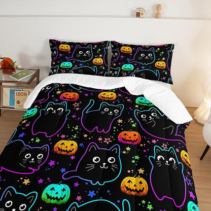 Cute Pet Cat Comforter Twin Bedding Sets,Halloween Pumpkin Lantern Stars Pattern Comforter Sets for Toddler Kids Room Decor,Colorful Neon Lights 3Pcs Bed Set with 2 Pillowcases.