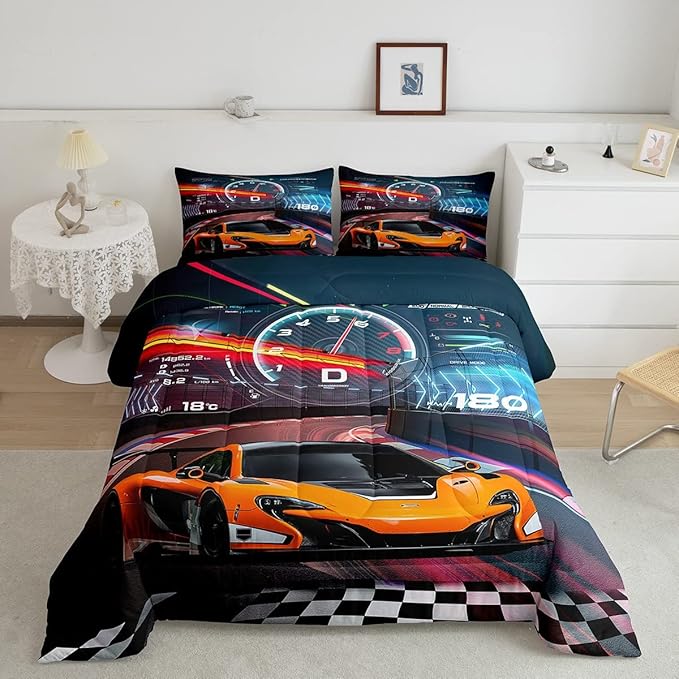 Feelyou Race Car Bedding Set Boys Extreme Sports Comforter Set for Kids Boys Cool Car Comforter Car Sports Quilt Set 1 Comforter Set with 2 Pillowcases King Size