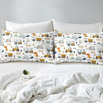 Feelyou Construction Bedding Set King Size Equipment Trucks Comforter Set for Kids Boys Girls Decor Dinosaur Comforter 3D Digital Print Yellow Duvet Set Bedroom Quilt Set