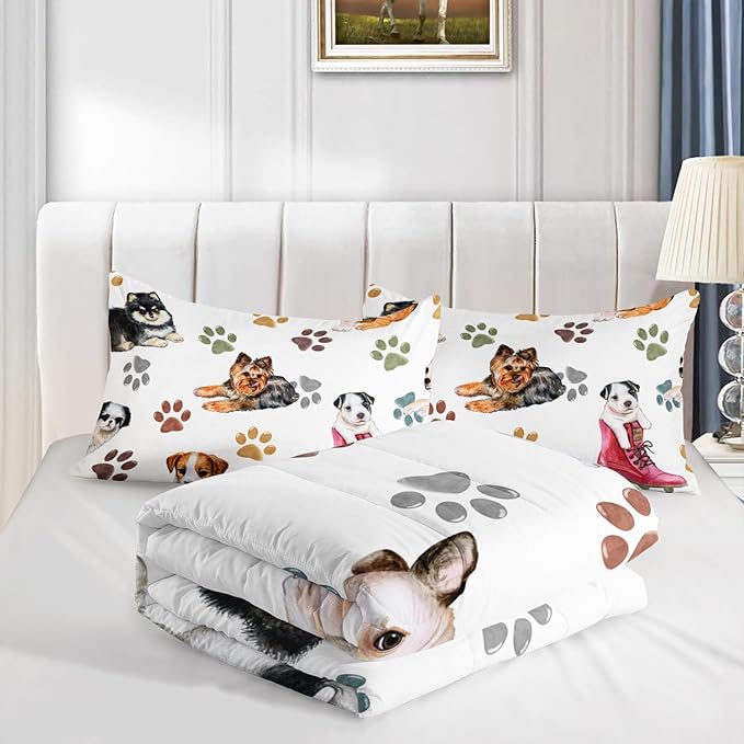 Kawaii Cartoon All Kinds of Dogs Animal Themed Comforter 3Pcs Full Colorful Paw Printed Bedding Set for Kids Teens Girls Boys Bed Decor Cute Puppy Quilt with 1 Comforter and 2 Pillowcases
