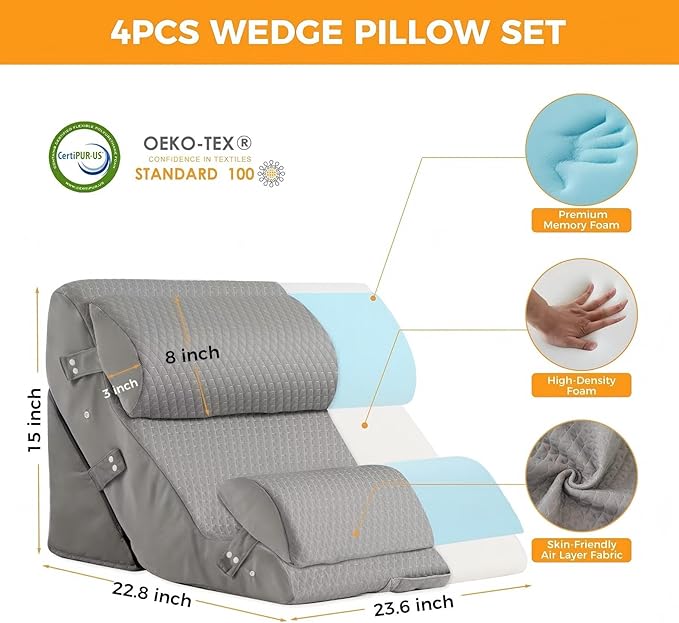 4PCS Wedge Pillow Set for After Surgery, 10-in-1 Adjustable Wedge Pillow for Acid Reflux Relief, Bed Wedge Pillows for Sleeping, Snoring & Back Pain Relief, Sit up Pillow for Bed, Grey