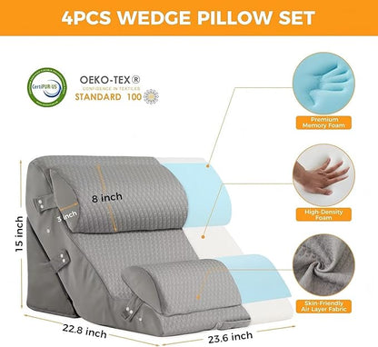 4PCS Wedge Pillow Set for After Surgery, 10-in-1 Adjustable Wedge Pillow for Acid Reflux Relief, Bed Wedge Pillows for Sleeping, Snoring & Back Pain Relief, Sit up Pillow for Bed, Grey