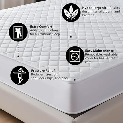 Premium Quilted Mattress Pad – 300GSM Thick with Deep Pocket Fitted Mattress Cover – 100% Cotton Organic Mattress Topper (Dark Grey, Queen)