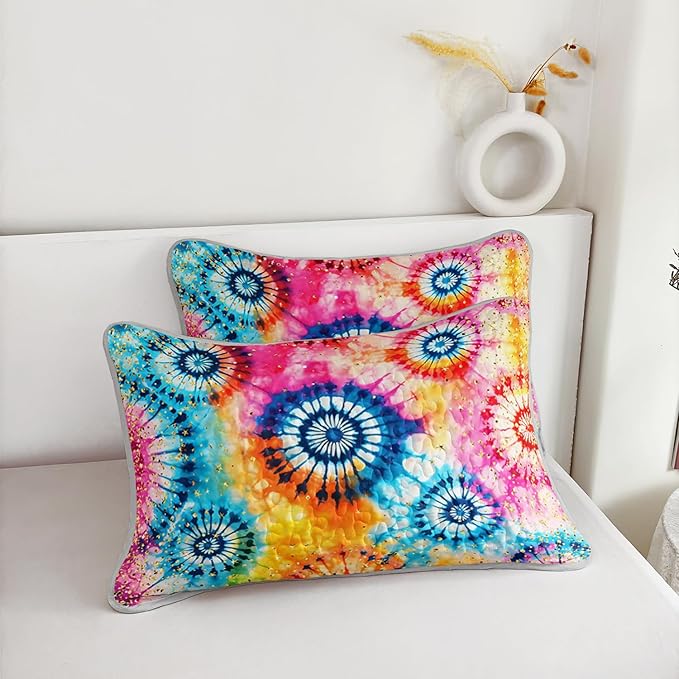 Colorful Tie Dye Quilt Sets Queen Size,Bohemian Art Style Watercolor Bedding for Adults Kids Girls Boys Teens Bedroom,Soft Lightweight Microfiber Quilt with 2 Pillowcases.