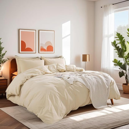NEXHOME PRO Duvet Cover Set 100% Washed Cotton Oversized King 120"x98" Linen Feel Textured Organic Natural 3 Pieces Bedding Set with Zipper Closure, Breathable and Soft (No Comforter)