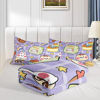QOOMO Kawaii Bear Comforter Set for Kids Teens Girls Women,Cute Bear Kids Bedding Set,1 Comforter with 2 Pillowcase, Microfiber 3 Piece Bedding Set,for All Seasons，King Size