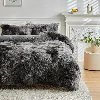 Wajade Faux Fur Plush White Comforter Set Fluffy Fuzzy Shaggy Bedding Set - 3PC Full/Queen Microfiber Soft Warm Quilt Set (Tie Dye Dark Grey, Queen)