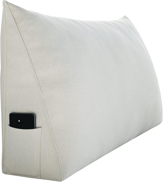 Johnear Triangular Headboard Pillow Daybed Wedge Pillow Cotton Linen Large Bolster Reading Back Rest Pillow for Sofa Bed Support Bolster Upholstered Backrest Positioning Lumbar Cushion （Ivory, Full）