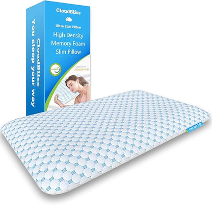 CloudBliss Ultra Slim 2.75” Pillows for Side | Back | Stomach Sleepers, Memory Foam Flat Pillow, Low Profile Sleeper Pillows with Double Sided Comfortable Breathable Pillow Cover, Queen