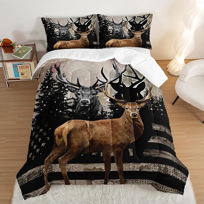 HOSIMA Snowy Forest Deer Comforter Set with 2 Pillowcases,Camo American Flag Comforter Full Size Hunting Bedding Set for Teen Mens Bedroom Essentials,Wildlife Elk Comforter Boys Room Decor.