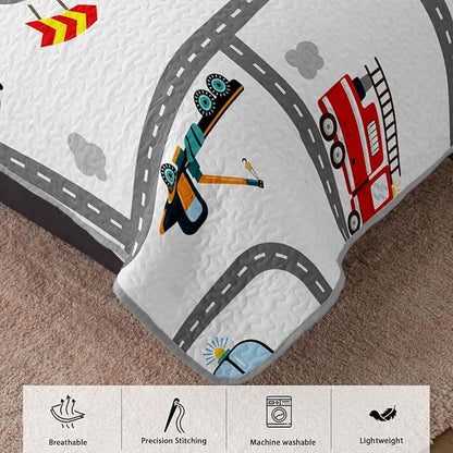 AILONEN Boys Kids Cartoon Truck Quilt Set Queen Size, Soft Microfiber,Construction Trucks Bedspread Coverlet 3Pcs,Car Road Pattern Bed Cover,2 Pillowcases