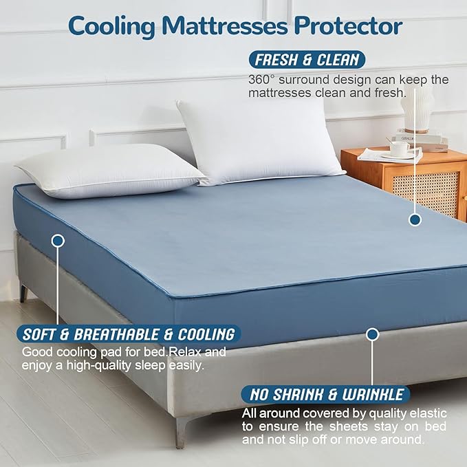 Ailemei Direct Cooling Thin Mattress Pad, California King Size Mattress Topper for Hot Sleepers, with a Deep Pocket Fits 16" Mattresses,Cool Fitted Sheets for Bed,Summer Cooling System,Blue,72"x84"