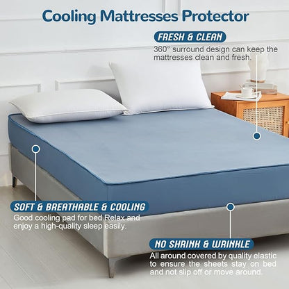 Ailemei Direct Cooling Thin Mattress Pad, California King Size Mattress Topper for Hot Sleepers, with a Deep Pocket Fits 16" Mattresses,Cool Fitted Sheets for Bed,Summer Cooling System,Blue,72"x84"