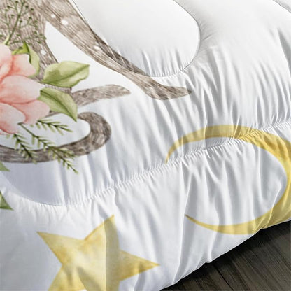 Cat Comforter Set Twin Size, Colorful Cat with Flowers Duvet Set, White Comforter with Moon and Star Pattern, Gift for Bedroom Decor