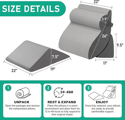 4PCS Wedge Pillow Set for After Surgery, Orthopedic Bed Wedge Pillow for Back Pain Relief, Sitting Up in Bed, Acid Reflux, Adjustable Post Surgery Pillows for GERD, Snoring, Grey