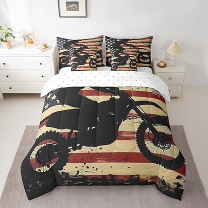 Feelyou Dirt Bike Comforter Set with Sheets King Size Racing Motocross Rider 7 Piece Bedding Set for Kids Boys Girls Teens Toddler Extreme Sports Bed in a Bag Vintage Retro Bed Set