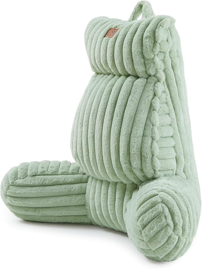 Amélie Home Faux Fur Reading Pillow with Pocket for Sitting in Bed, Adult Backrest Bed Pillow with Washable Cover for Lounging, Study & Relaxing, Sage Green 29 inches