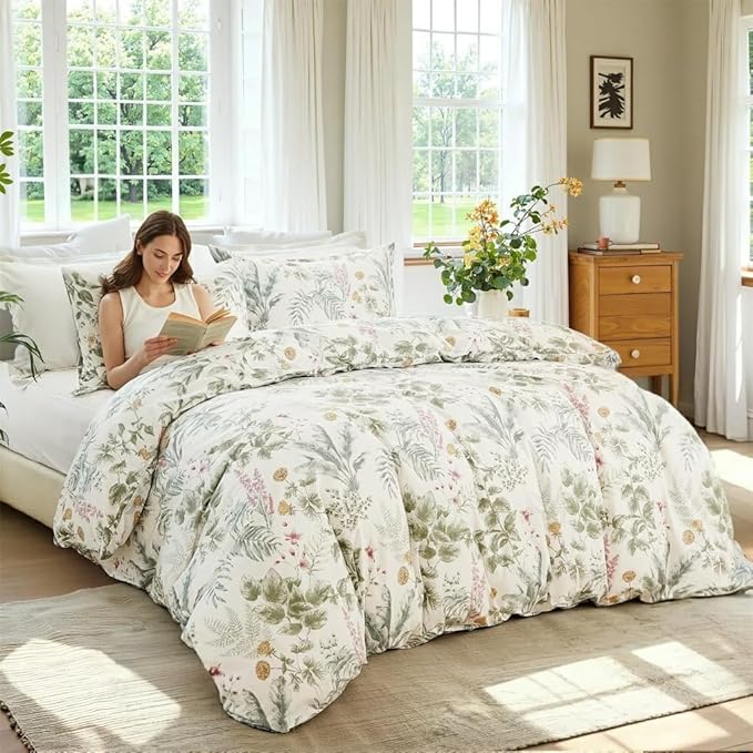 100% Cotton Duvet Cover King Size Sage Green Floral Bedding Set Reversible Botanical Comforter Cover 3 Pcs Vintage Cottagecore Aesthetic Soft Bedding Sets for All Season