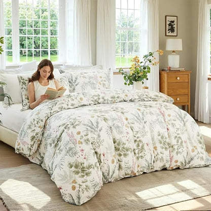 100% Cotton Duvet Cover King Size Sage Green Floral Bedding Set Reversible Botanical Comforter Cover 3 Pcs Vintage Cottagecore Aesthetic Soft Bedding Sets for All Season