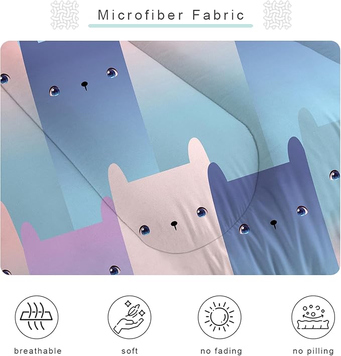 Gradient Cat Comforter Set: Twin Size Kawaii Cats Bedding Set for Kids Teens Girls Boys Bedroom Decor Blue Purple Cute Kitten Quilt Bed Sets 1 Comforter & 1 Pillowcase