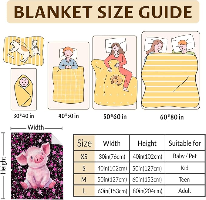 Kids Blanket Pig Blankets for Girls Women Gift for Birthday, Cozy 80 x 60 Inches Warm Flannel Throws for Travel Bed Living Room Sofa Decor