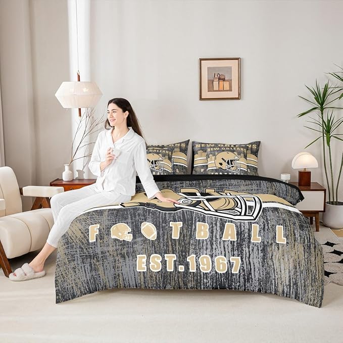 Erosebridal Classic Football City Sports Bedding Set for Boys Men Women Gridiron Bed in A Bag,Rugby Decor City Silhouette Comforter Sets with Sheets Retro Grunge Brown Bed Set King