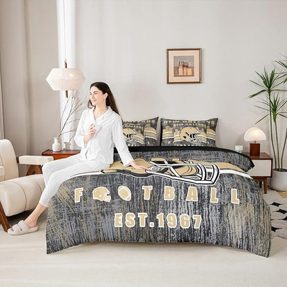 Erosebridal Classic Football City Sports Bedding Set for Boys Men Women Gridiron Bed in A Bag,Rugby Decor City Silhouette Comforter Sets with Sheets Retro Grunge Brown Bed Set King