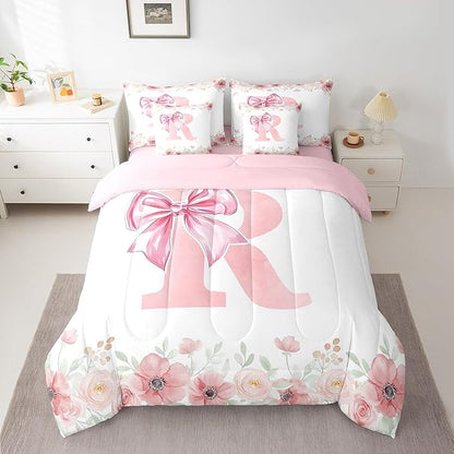 Erosebridal Bowknot King Bedding Sets for Girls,Initial Letter R Bed in A Bag for Kids Teen Women, Pink Floral Monogrammed Bed Set Bedroom Decor Dreamy Princess Bow Comforter Set with Sheets