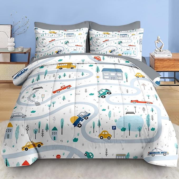 Comforter Set Full Size, Cute Car City 7 Pcs Bedding for Kids and Adults, Cartoon Tree Truck Bed Sheet Sets with Fitted Sheet 2 Pillowcases & 2 Shams for Bedroom Bed Decor