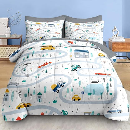 Comforter Set Full Size, Cute Car City 7 Pcs Bedding for Kids and Adults, Cartoon Tree Truck Bed Sheet Sets with Fitted Sheet 2 Pillowcases & 2 Shams for Bedroom Bed Decor