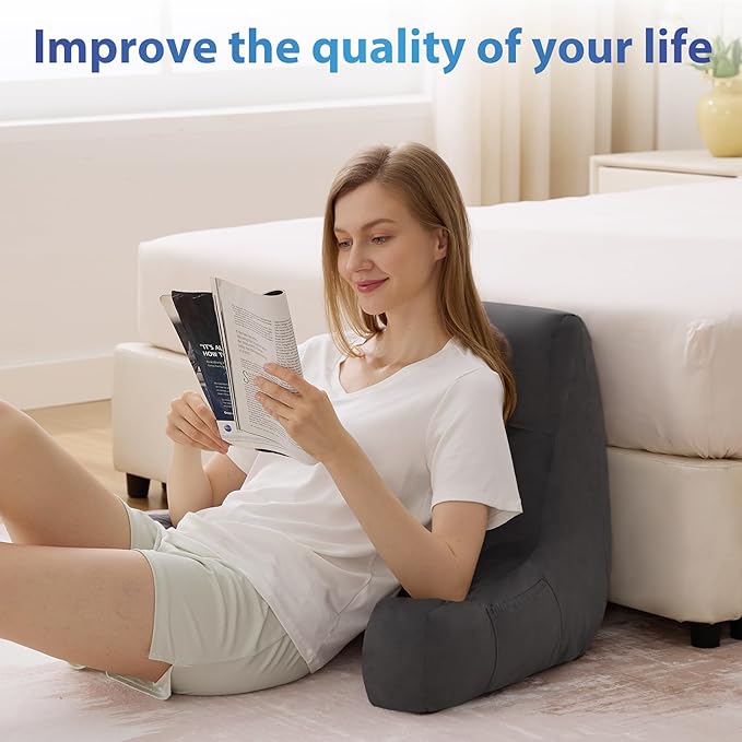 Reading Pillow with Arms for Adults, Back Pillow for Bed Sitting Up, Shredded Memory Foam Backrest Pillow with Pockets & Removable Washable Cover, Lounging, Watching TV, Reading(20inch Grey)