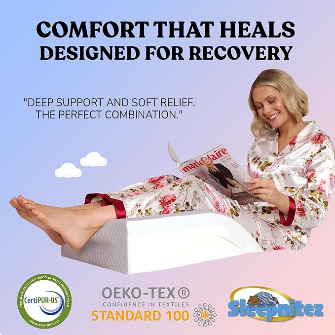 Bed Wedge Leg Elevation Pillows for After Surgery, Swelling Blood Circulation, 8" Memory Foam Leg Elevating Pillow for Both Legs, Back Hip Foot Ankle Pain Relief, Sciatica, Edema Relief Washable Cover