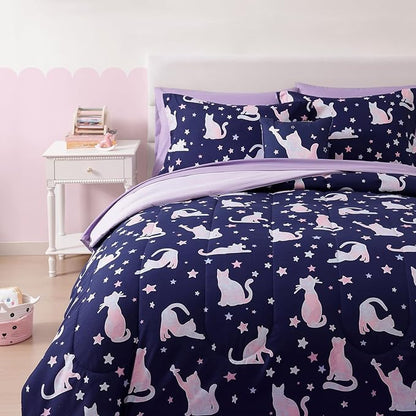 Full Size Comforter Set for Girls-4 Pieces Cute Cat Full Bedding Sets for Kids, 1 Comforter, 2 Shams and 1 Decor Pillow