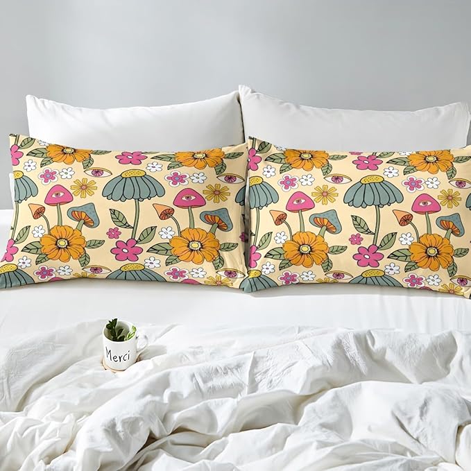 Castle Fairy 70s Floral Duvet Cover Set King Size, Hippie Flowers Leaves Comforter with 2 Pillowcases Bedding Set, Cartoon Eyes Mushroom Microfiber Quilt Cover, 3 pcs (No Comforter)