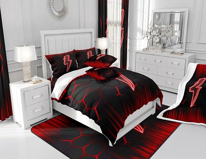 Feelyou Game Flash Bedding Set King Size Boys Girls Ombre Comforter Set for Kids Honeycomb Comforter Red Black Duvet Set Room Decor Quilt Set