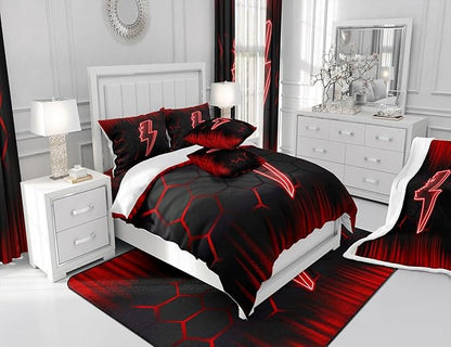 Feelyou Game Flash Bedding Set King Size Boys Girls Ombre Comforter Set for Kids Honeycomb Comforter Red Black Duvet Set Room Decor Quilt Set