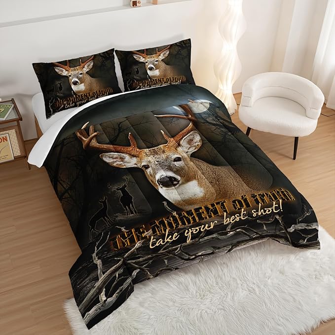 HOSIMA Deer Comforter Forest Hunting Bedding Sets for Teen Boys Mens Bedroom Essentials,Western Bedding Set Wildlife Animal Twin Bed in a Bag RV Inside Decor with 2 Pillowcases.