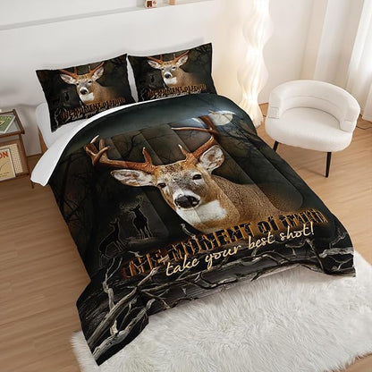 HOSIMA Deer Comforter Forest Hunting Bedding Sets for Teen Boys Mens Bedroom Essentials,Western Bedding Set Wildlife Animal Twin Bed in a Bag RV Inside Decor with 2 Pillowcases.