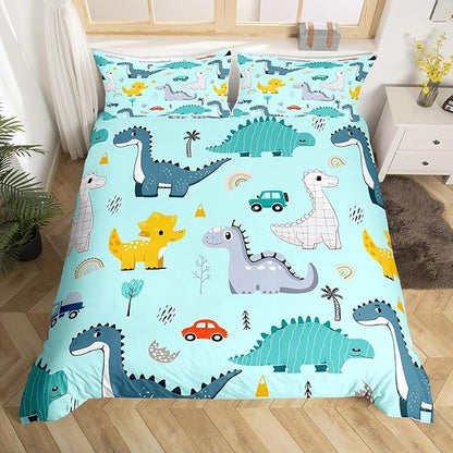 Castle Fairy Cute Car Kids Duvet Cover Set Full Size,Cartoon Dinosaur Rainbow Sketch Blue Comforter Cover with 2 Pillowcases,Kawaii Dino Colorful Wild Animal Breathable Bedspread for Boys Teens